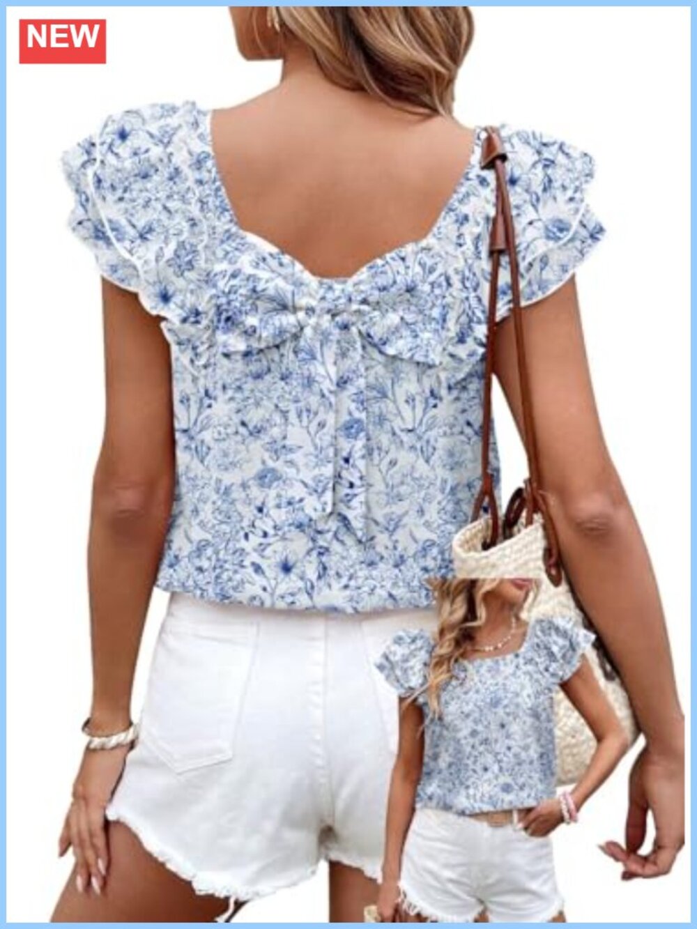 Women's Ruffle Sleeve Babydoll Blouse with Bow Back